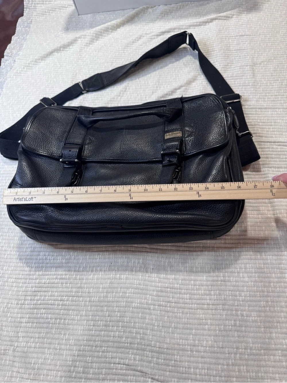 Vintage LL Bean Black Pebbled Leather Laptop Briefcase Messenger Bag Expandable